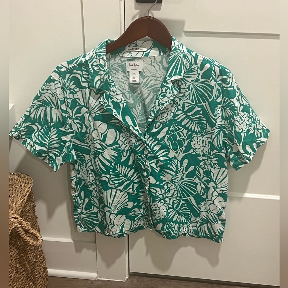 Nicole Miller, Green & White Floral Top, Linen, L